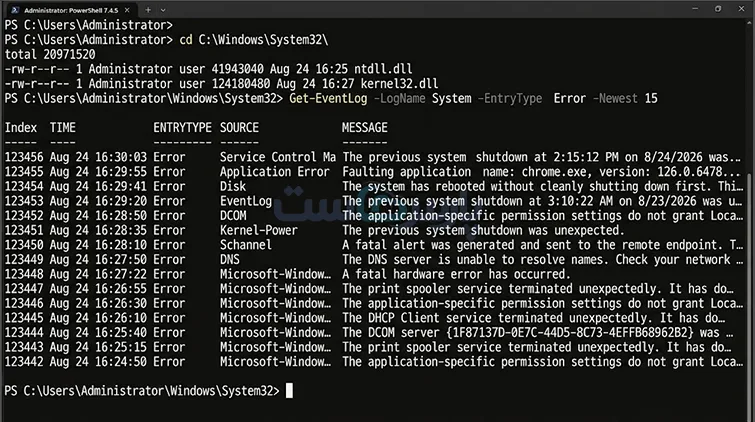 استخراج لاگهای خطای سیستم با دستور Get-EventLog